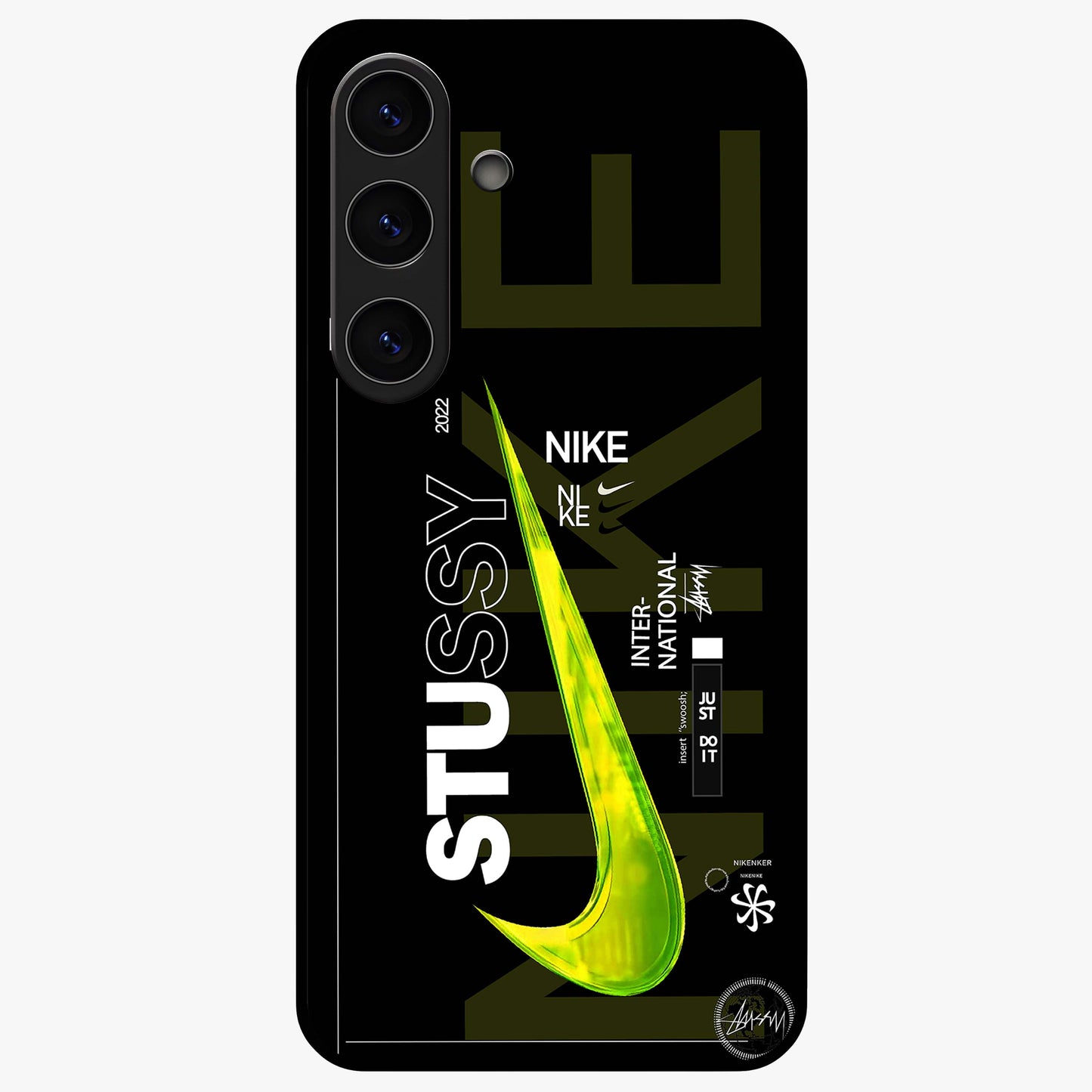 Neon Street Edition Glass Case showing flat back view with neon street style artwork and glossy glass finish.