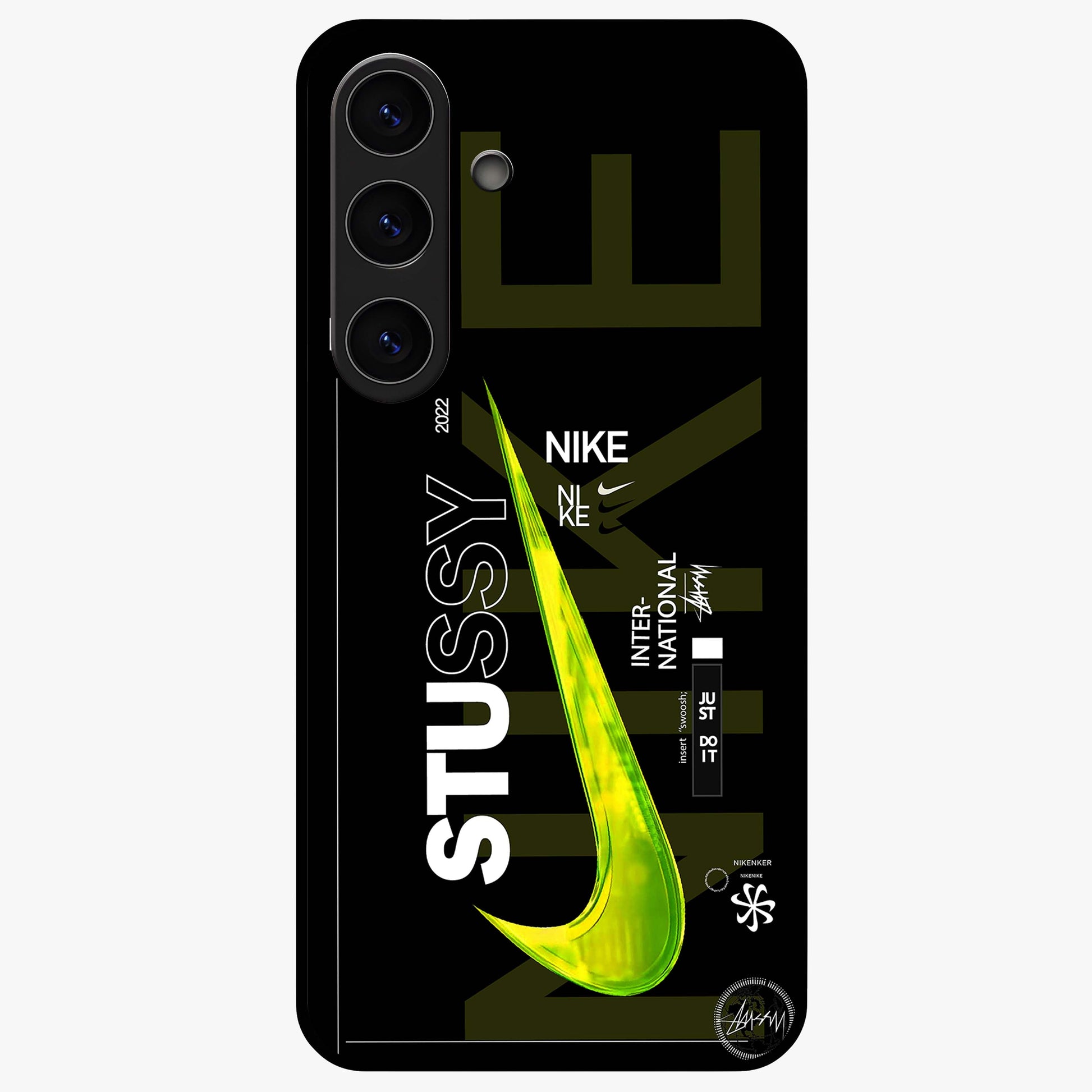 Neon Street Edition Glass Case showing flat back view with neon street style artwork and glossy glass finish.