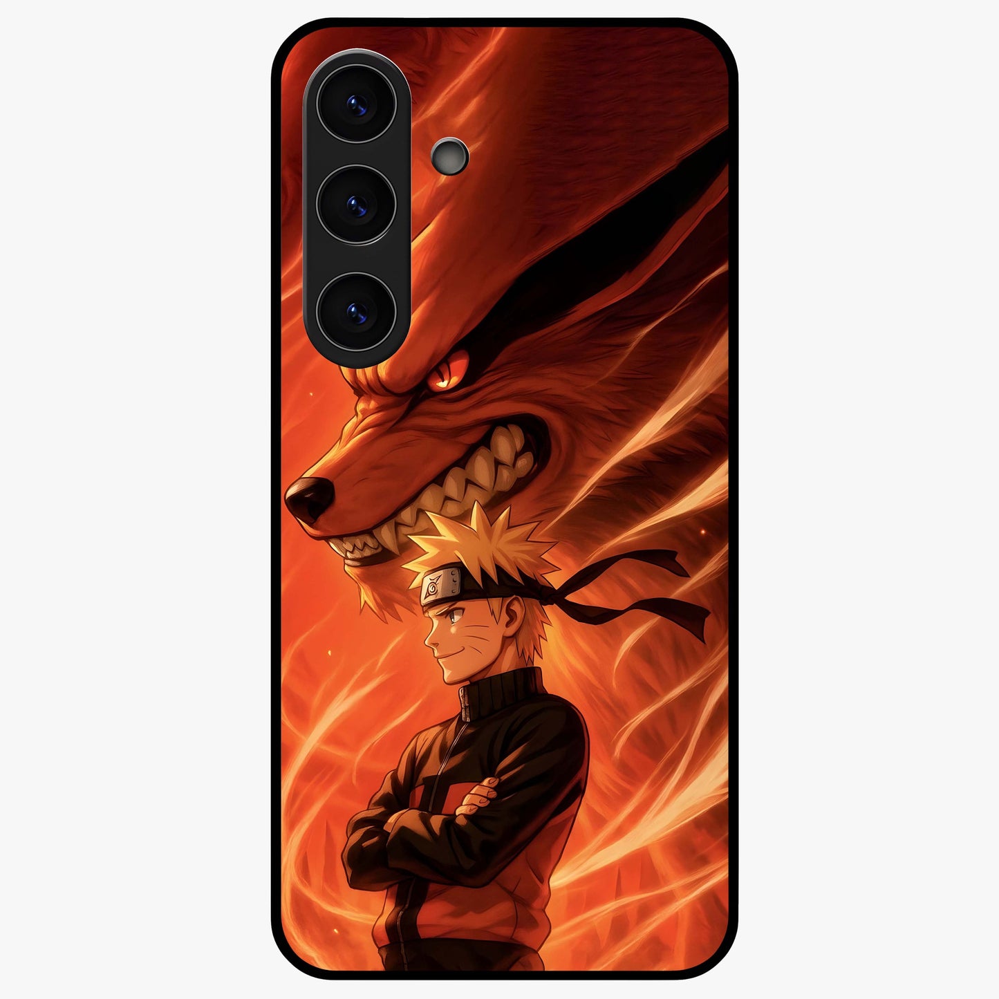 Nine Tails Legacy Glass Case showing flat back view with powerful nine-tailed fox inspired artwork and glossy glass finish.