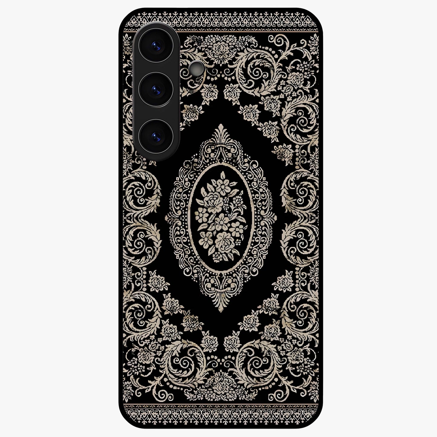 Noir Bloom Elegance Glass Case showing flat back view with elegant dark floral artwork and glossy glass finish.