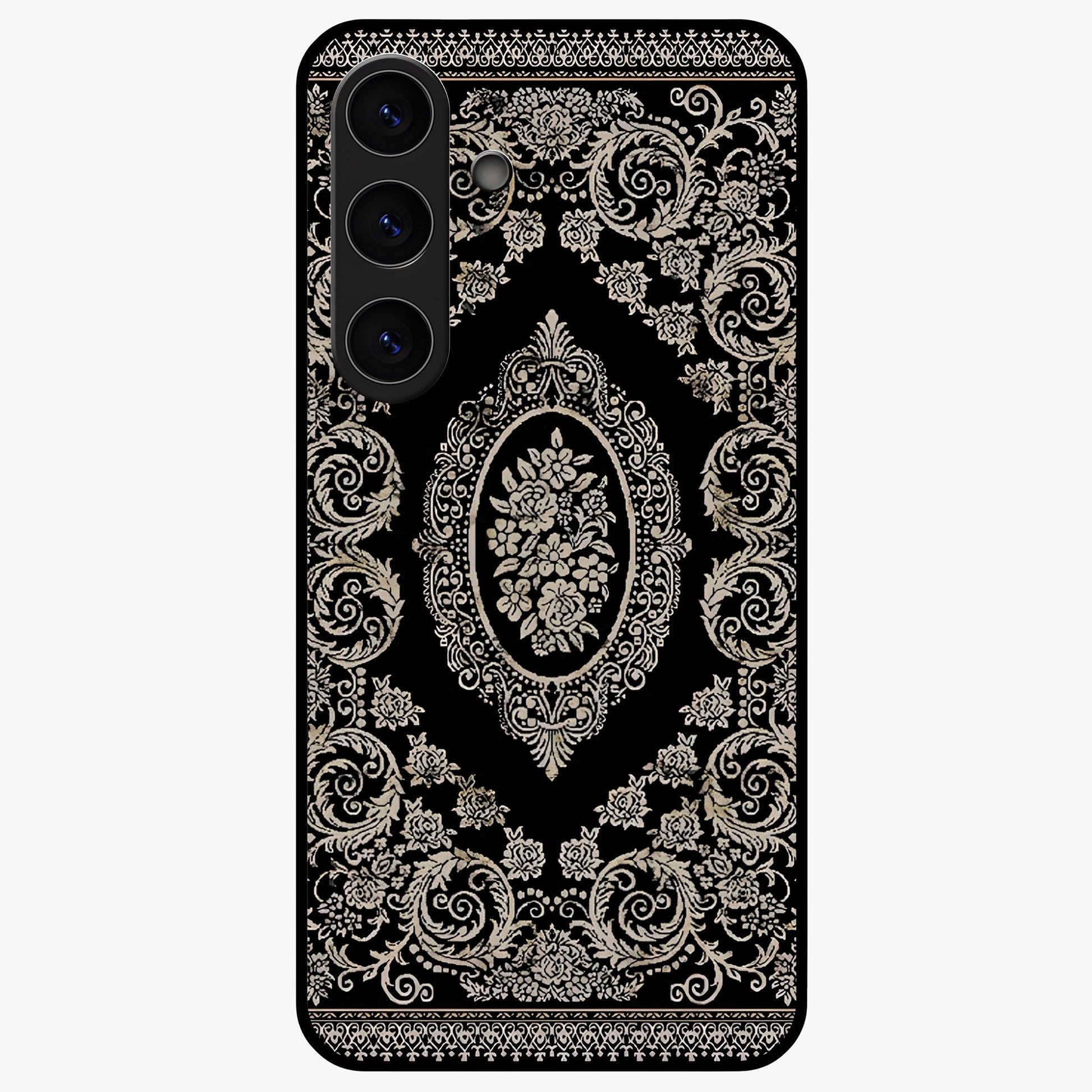 Noir Bloom Elegance Glass Case showing flat back view with elegant dark floral artwork and glossy glass finish.
