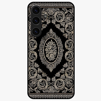 Noir Bloom Elegance Glass Case showing flat back view with elegant dark floral artwork and glossy glass finish.