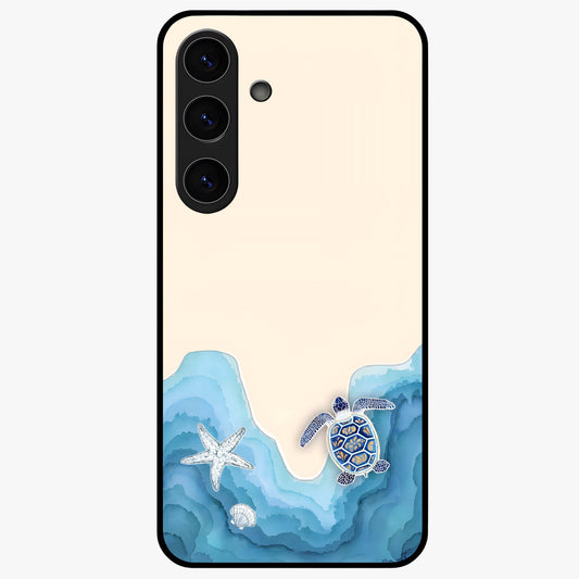 Ocean Drift Turtle Glass Case showing flat back view with sea turtle artwork and glossy glass finish.