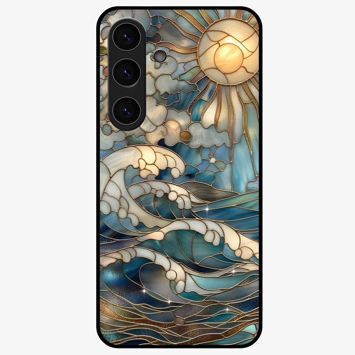 Oceanic Stained Printed Glass Case showing flat back view with ocean inspired stained pattern artwork and glossy glass finish.