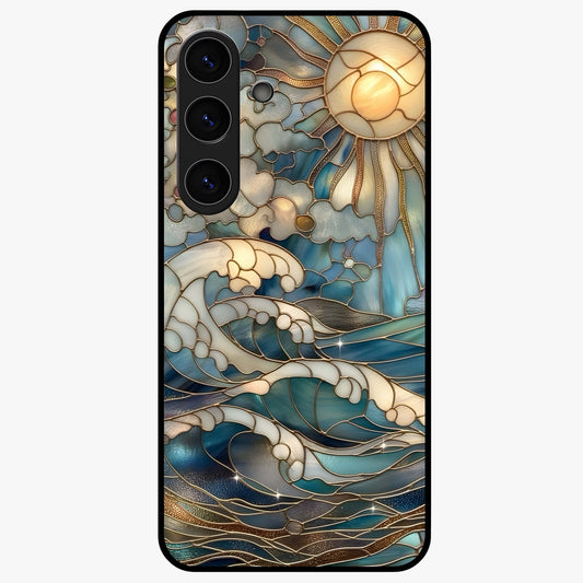 Oceanic Stained Printed Glass Case showing flat back view with ocean inspired stained pattern artwork and glossy glass finish.