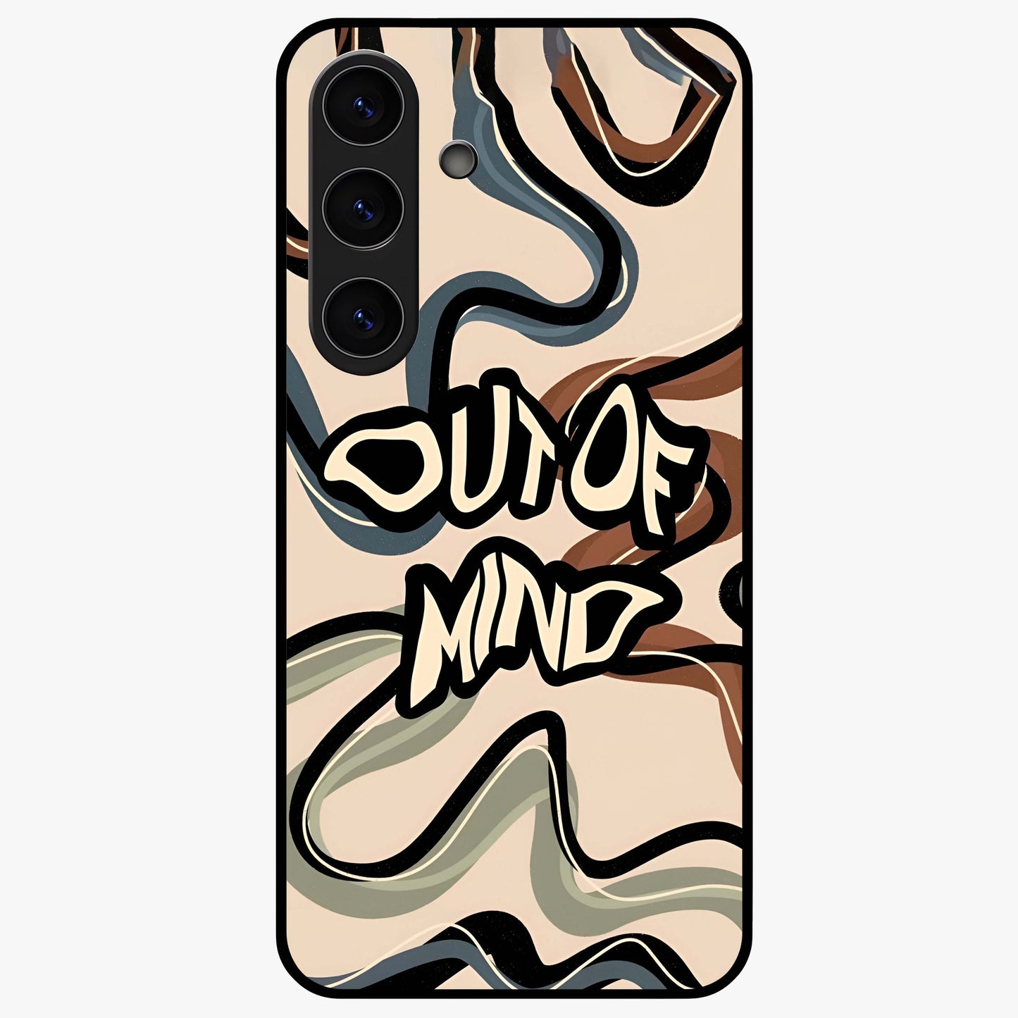 Out Of Mind Glass Case showing flat back view with expressive typography artwork and glossy glass finish.