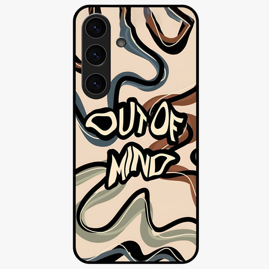 Out Of Mind Glass Case showing flat back view with expressive typography artwork and glossy glass finish.