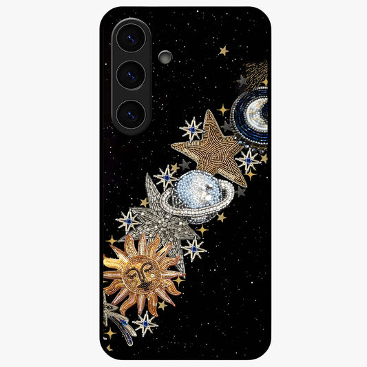Pearls Universe Object Glass Case showing flat back view with pearl inspired cosmic artwork and glossy glass finish.