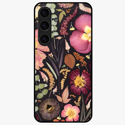Petal Dream Tapestry Glass Case showing flat back view with intricate floral tapestry artwork and glossy glass finish.
