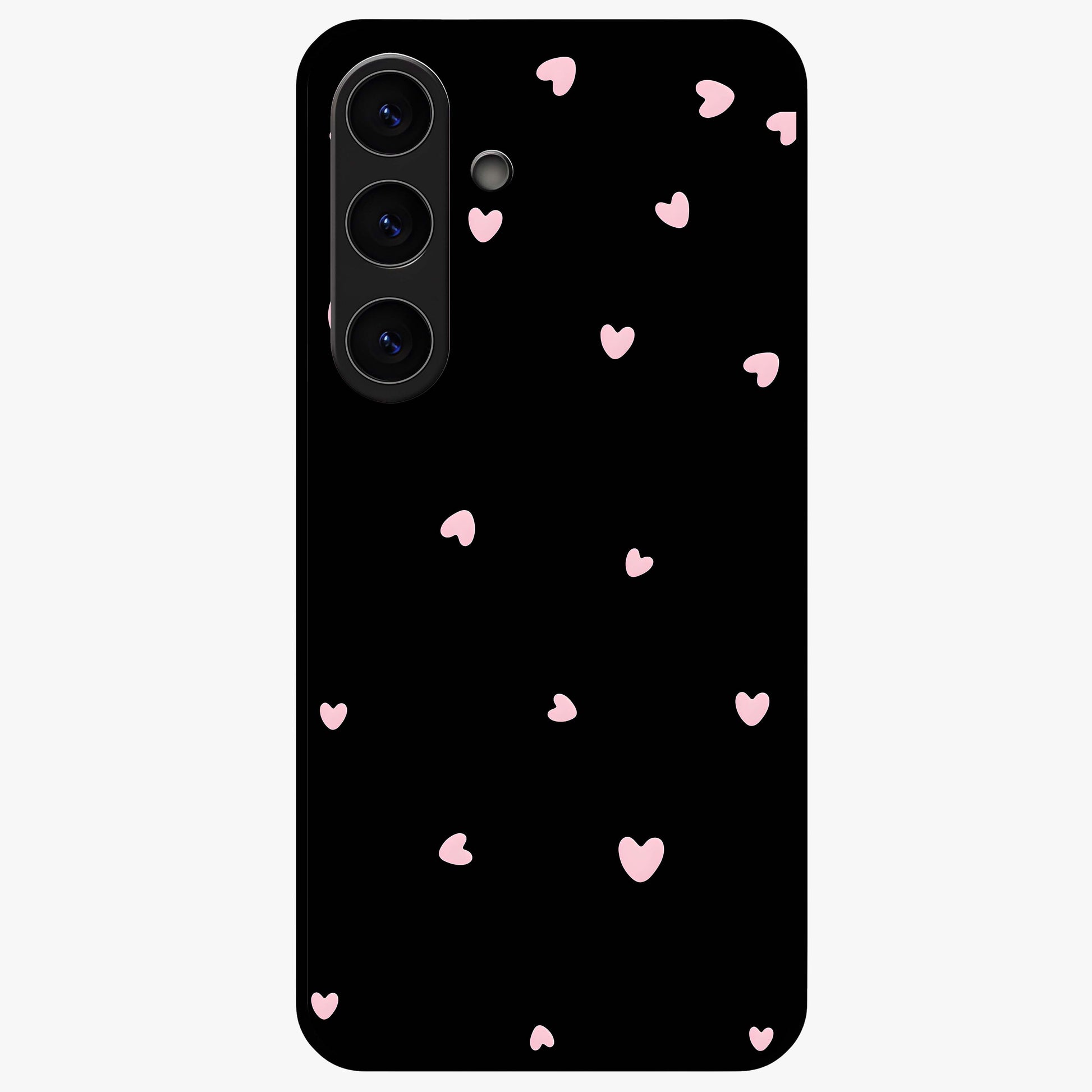 Pink Love Drops Glass Case showing flat back view with playful pink heart drops artwork and glossy glass finish.