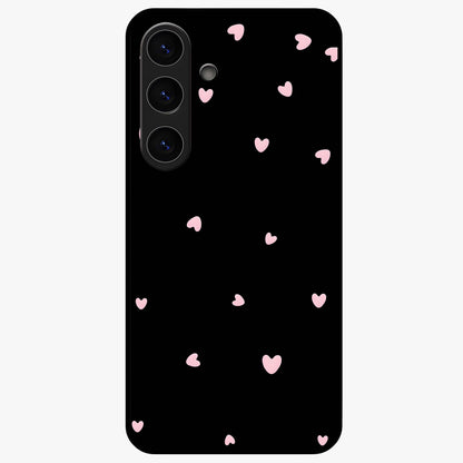 Pink Love Drops Glass Case showing flat back view with playful pink heart drops artwork and glossy glass finish.