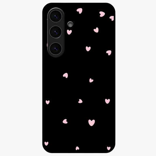 Pink Love Drops Glass Case showing flat back view with playful pink heart drops artwork and glossy glass finish.