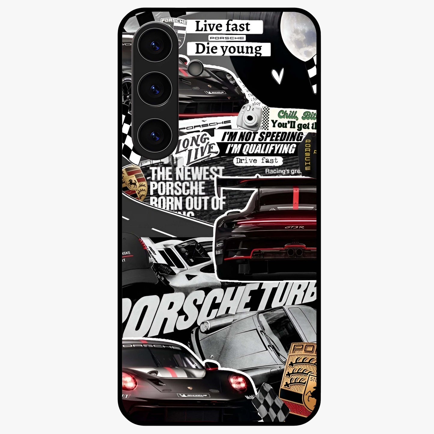 Porsche Racing Collage Glass Case showing flat back view with sports car racing collage artwork and glossy glass finish.