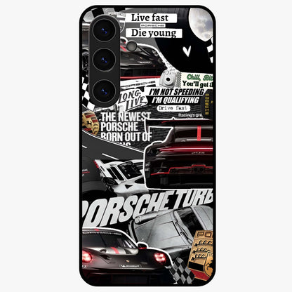 Porsche Racing Collage Glass Case showing flat back view with sports car racing collage artwork and glossy glass finish.
