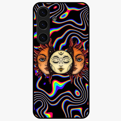 Psychedelic Sun Glass Case showing flat back view with colorful psychedelic sun artwork and glossy glass finish.