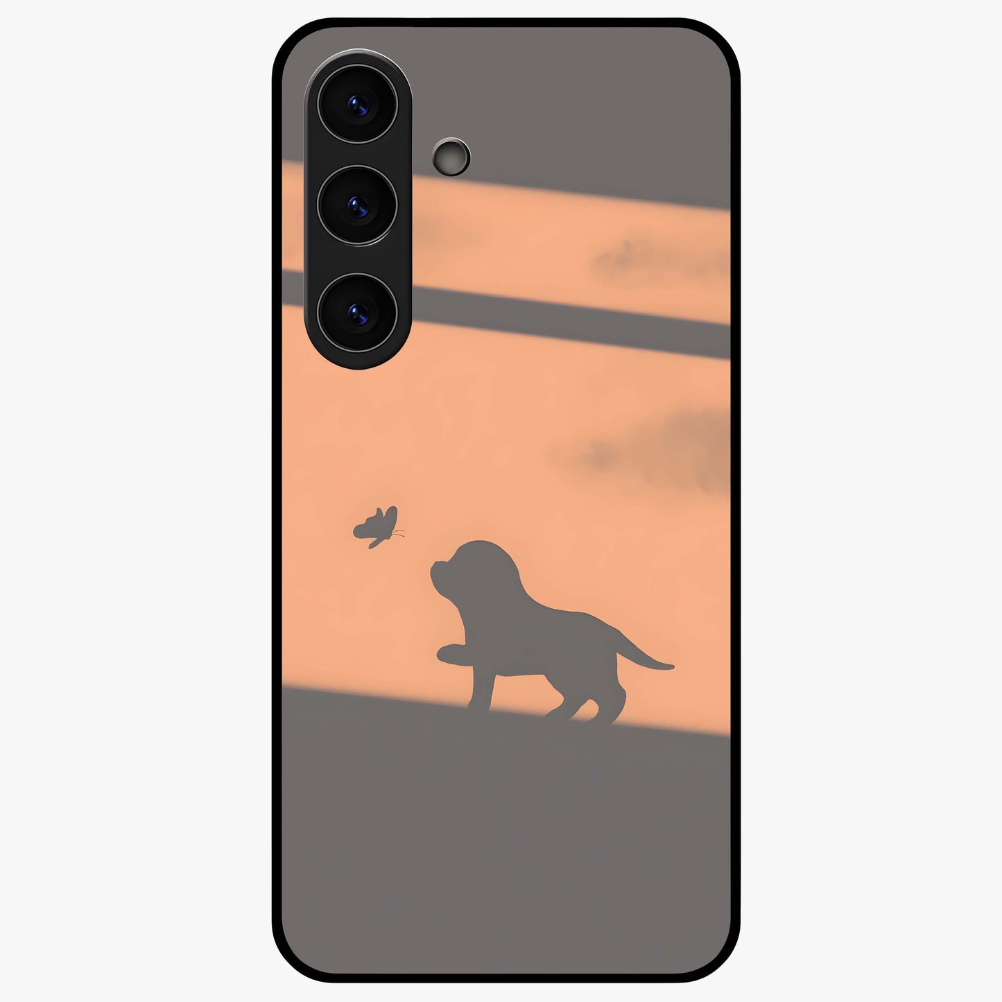 Puppy Shadow Art Glass Case showing flat back view with cute puppy shadow style artwork and glossy glass finish.