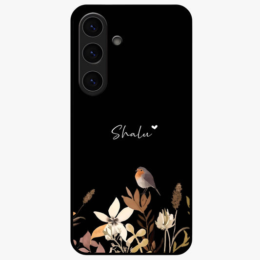 Quiet Garden Tune Custom Name Glass Case showing flat back view with peaceful garden artwork and personalized name design.