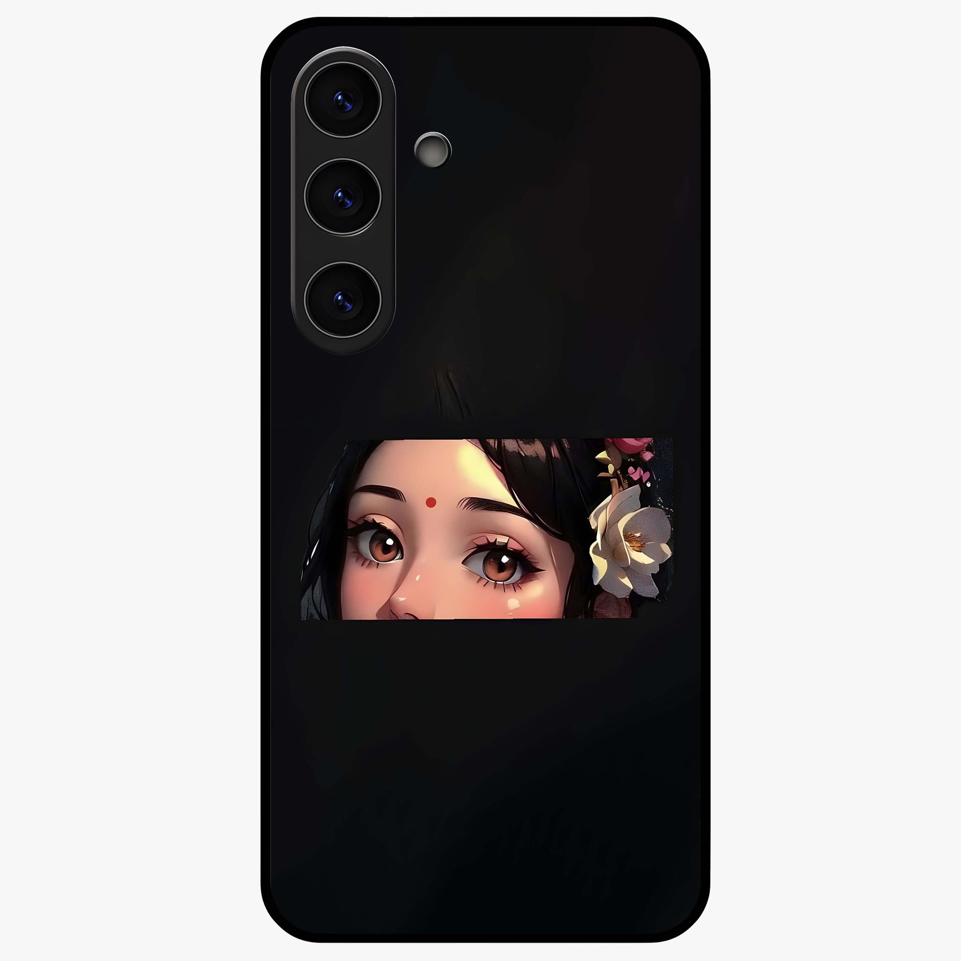 Radha Divine Embrace Glass Case showing flat back view with devotional Radha artwork and glossy glass finish.