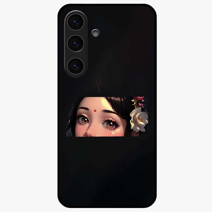 Radha Divine Embrace Glass Case showing flat back view with devotional Radha artwork and glossy glass finish.