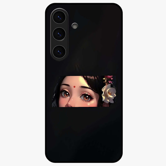 Radha Divine Embrace Glass Case showing flat back view with devotional Radha artwork and glossy glass finish.