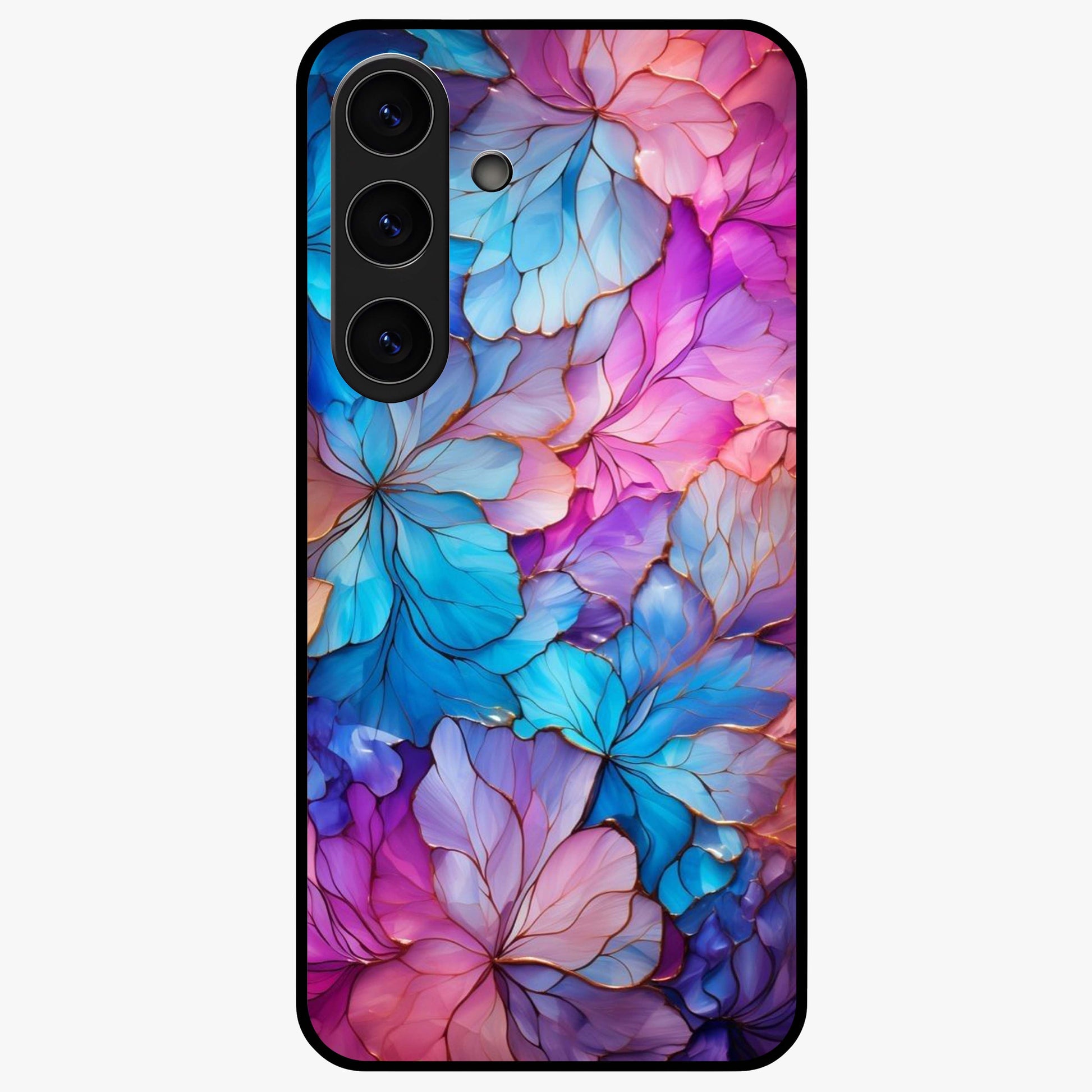Radiant Floral Whirl Glass Case showing flat back view with swirling floral artwork and glossy glass finish.