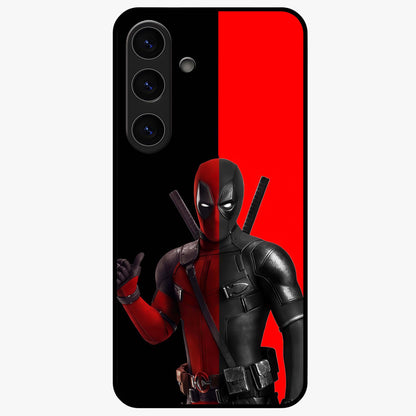 Red & Black Deadpool Theme Glass Case showing flat back view with bold comic inspired artwork and glossy glass finish.