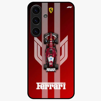 Red Ferrari F1 Vertical Glass Case showing flat back view with sleek Formula racing car artwork and glossy glass finish.