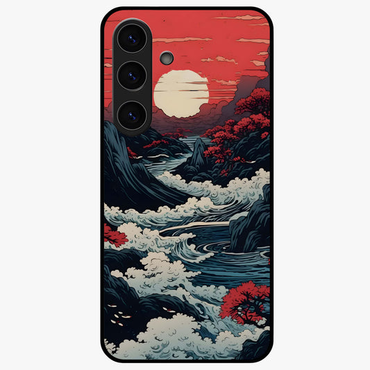 Red Sunset Scenery Glass Case showing flat back view with vibrant sunset landscape artwork and glossy glass finish.