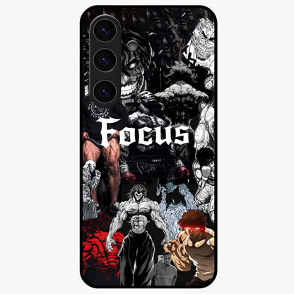 Relentless Power Focus Glass Case showing flat back view with motivational typography artwork and glossy glass finish.
