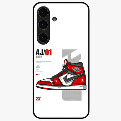 Retro Sneaker Blueprint Glass Case showing flat back view with sneaker blueprint style artwork and glossy glass finish.