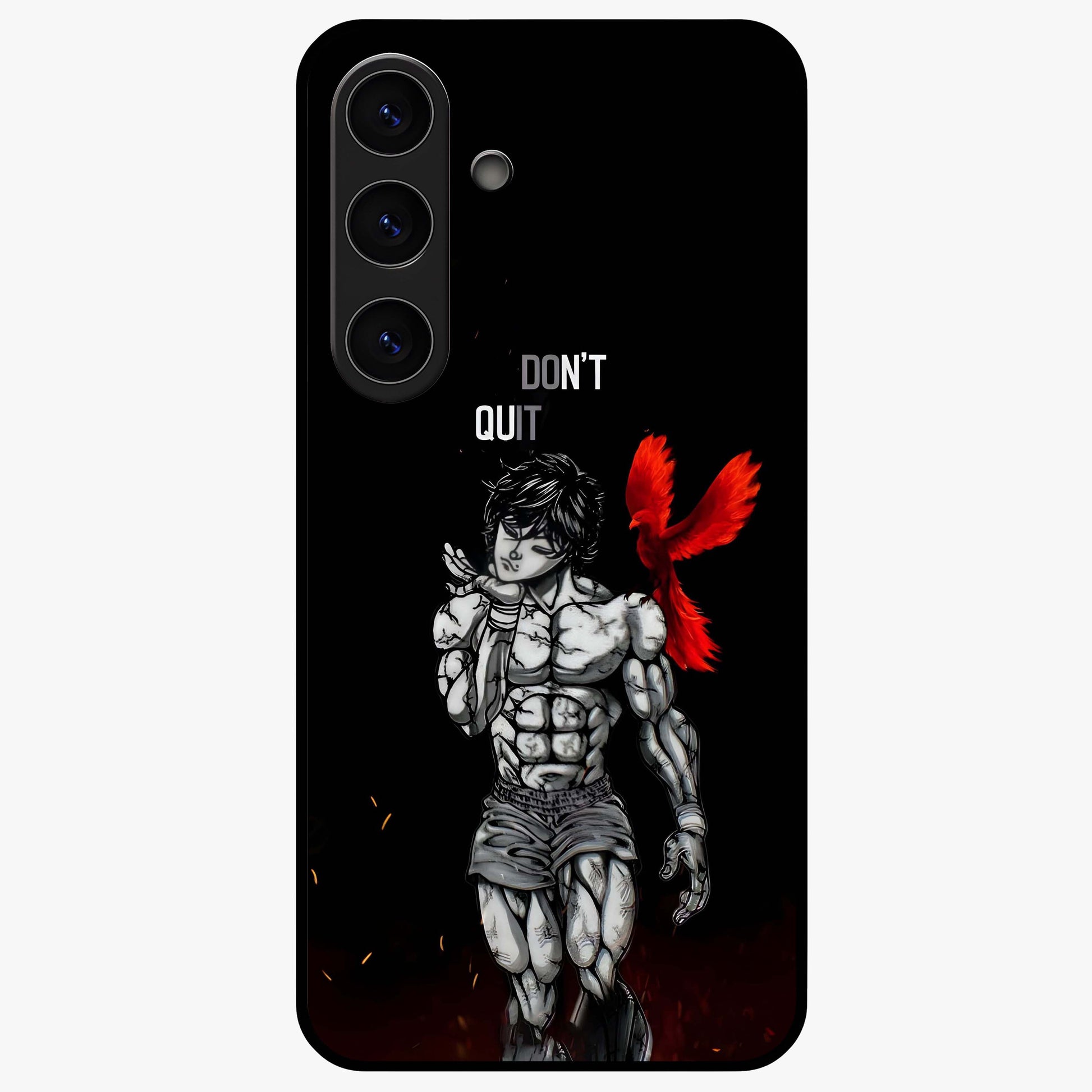 Rise Beyond Limits Glass Case showing flat back view with motivational typography artwork and glossy glass finish.