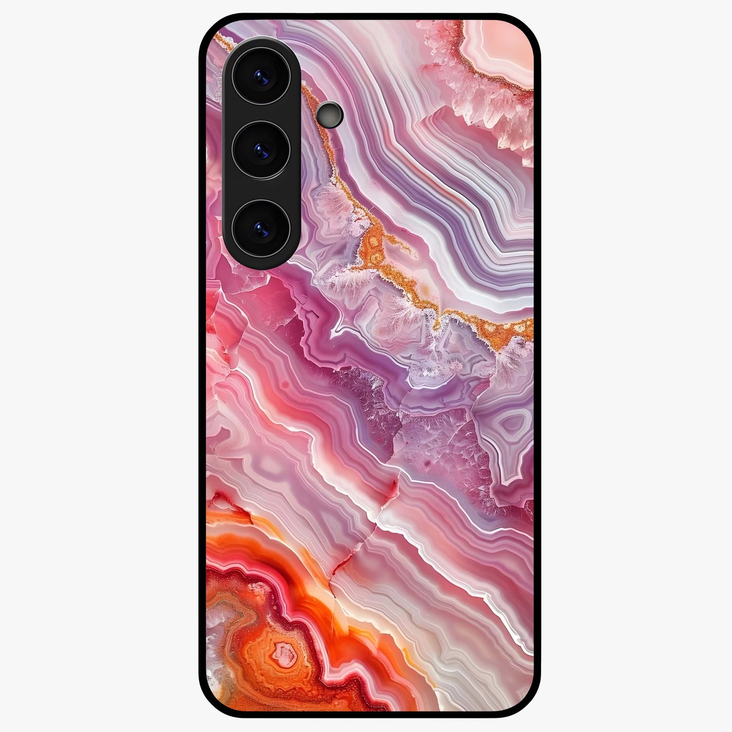 Rose Quartz Marble Glass Case showing flat back view with pink marble quartz texture artwork and glossy glass finish.