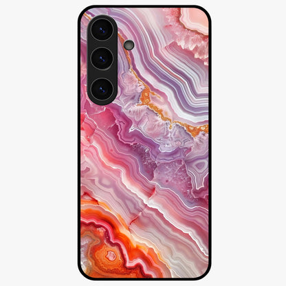 Rose Quartz Marble Glass Case showing flat back view with pink marble quartz texture artwork and glossy glass finish.