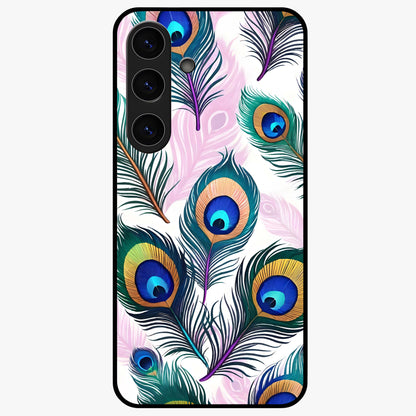 Royal Peacock Feathers Glass Case showing flat back view with colorful peacock feather artwork and glossy glass finish.