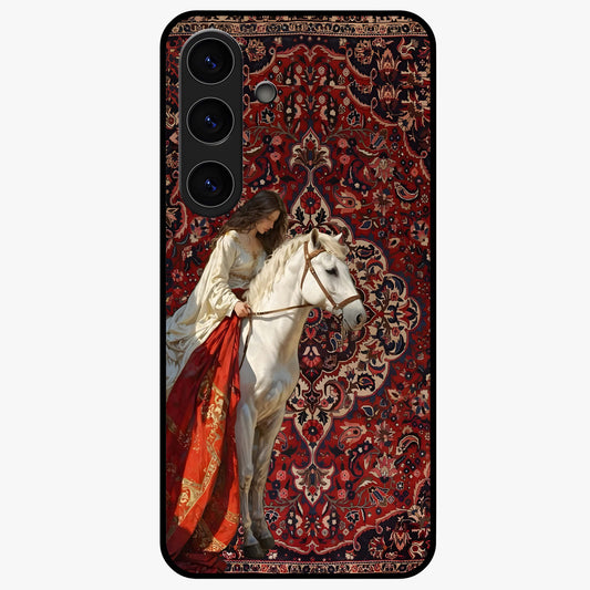 Royal Rider Tapestry Glass Case showing flat back view with majestic horse rider tapestry artwork and glossy glass finish.