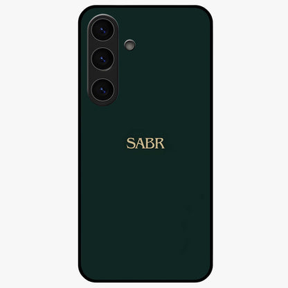 Sabr Minimal Patience Glass Case showing flat back view with minimalist typography artwork and glossy glass finish.