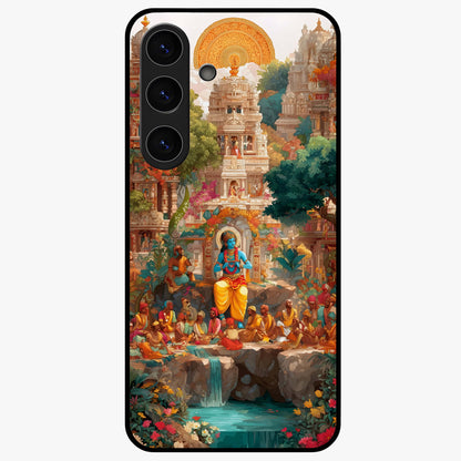 Sacred Sunlight Gods Glass Case showing flat back view with divine sunlight themed artwork and glossy glass finish.