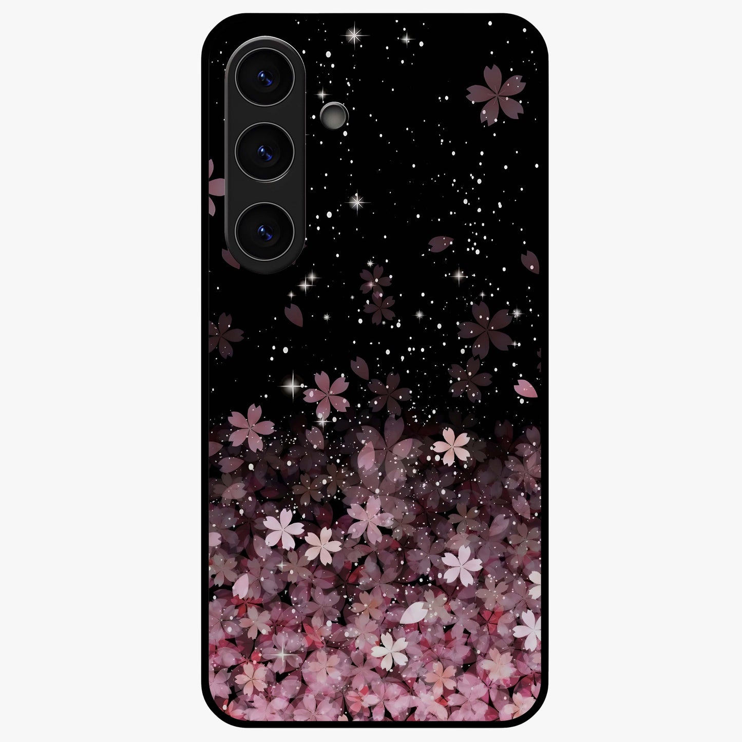 Small Starry Flowers Glass Case showing flat back view with delicate starry floral artwork and glossy glass finish.