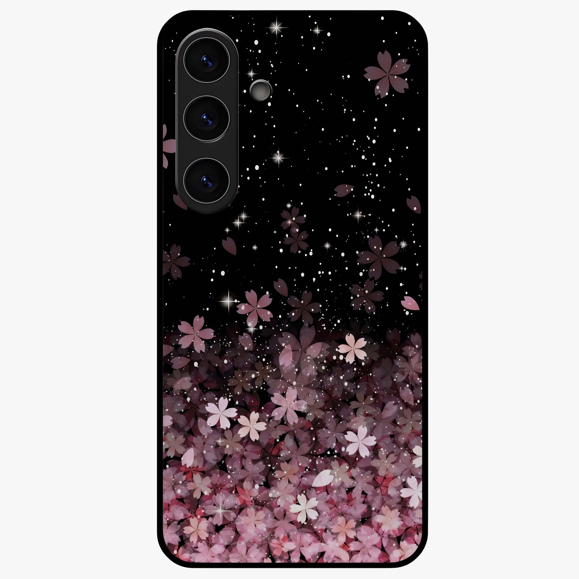 Small Starry Flowers Glass Case showing flat back view with delicate starry floral artwork and glossy glass finish.
