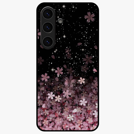 Small Starry Flowers Glass Case showing flat back view with delicate starry floral artwork and glossy glass finish.