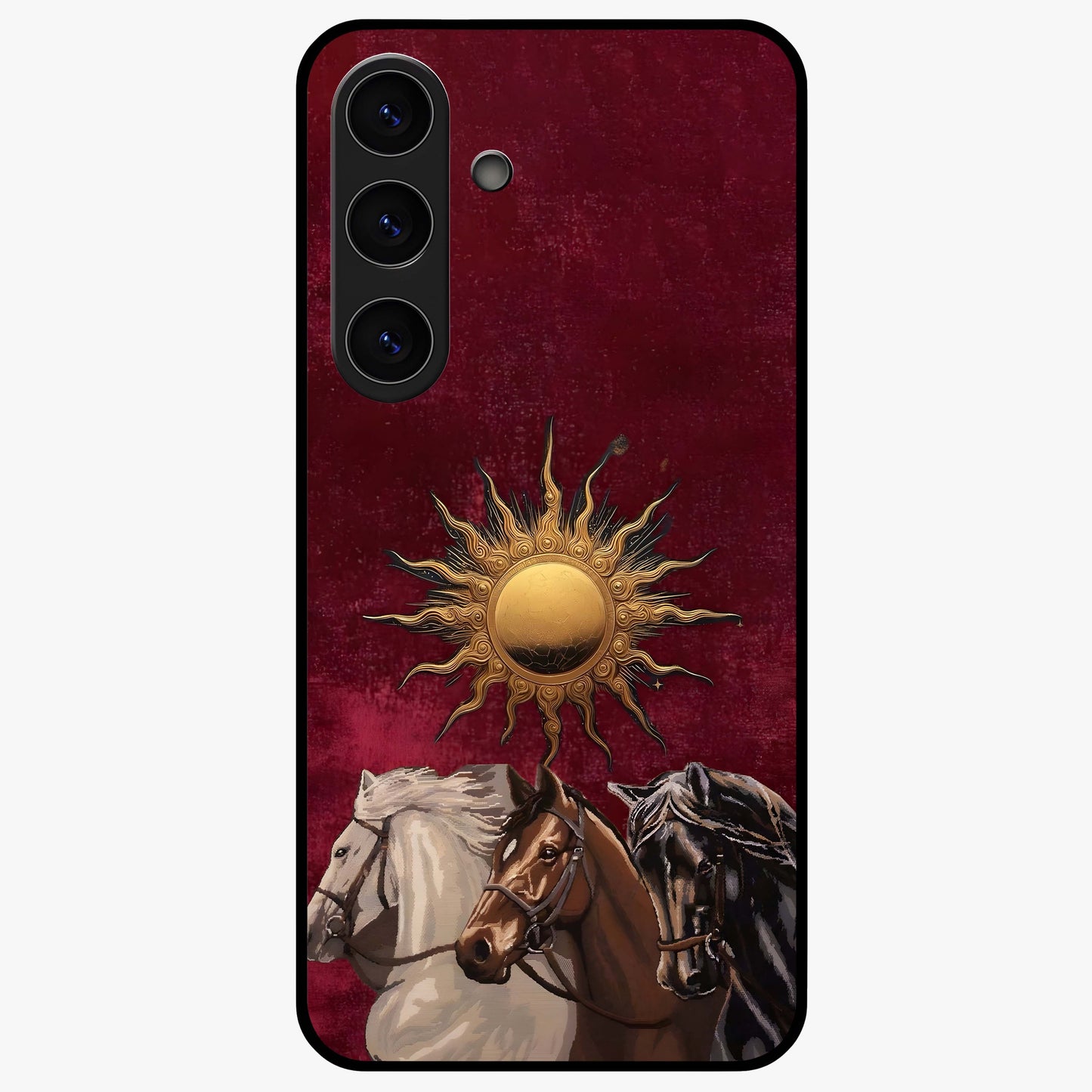 Solar Riders Glass Case showing flat back view with dynamic rider themed artwork and glossy glass finish.