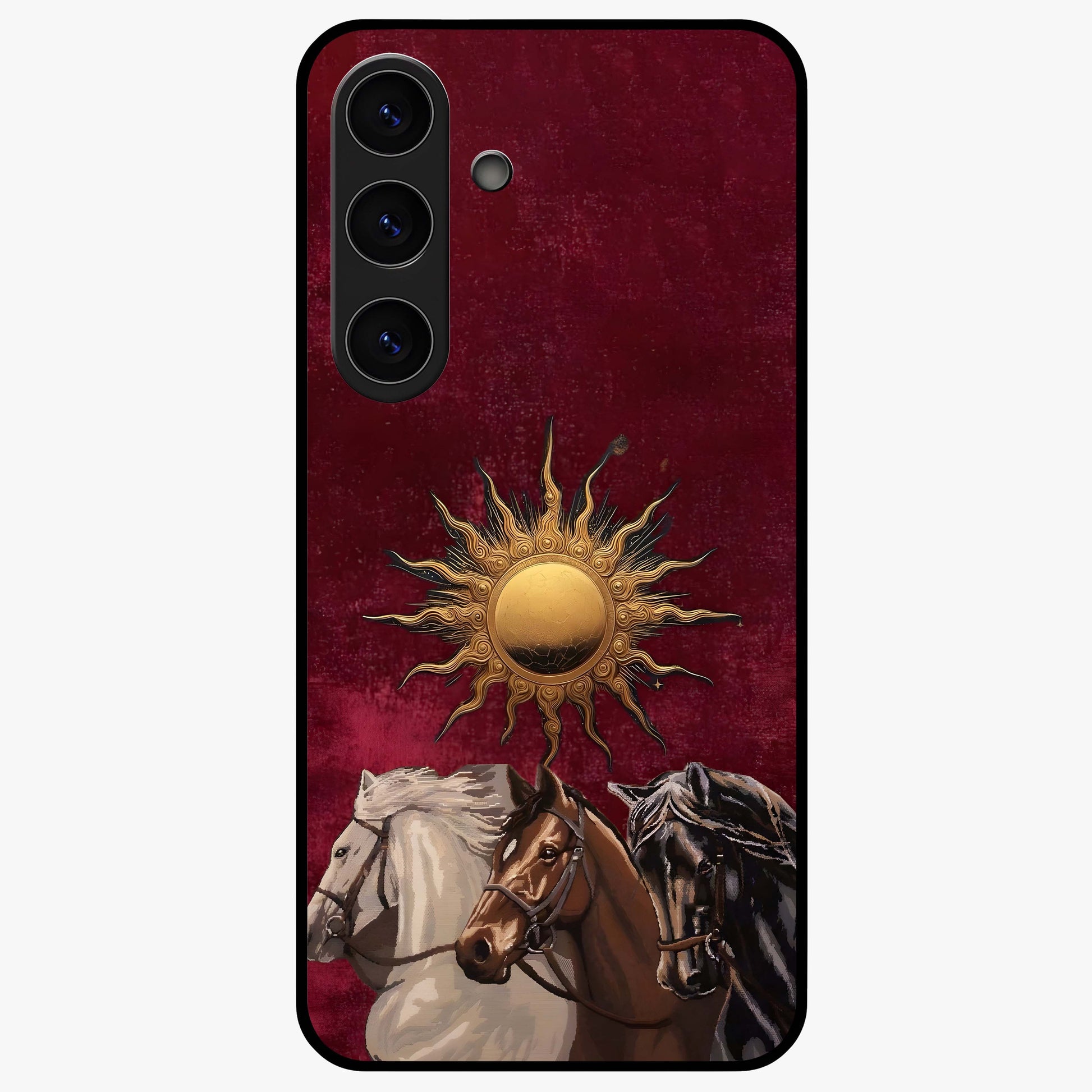 Solar Riders Glass Case showing flat back view with dynamic rider themed artwork and glossy glass finish.