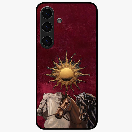 Solar Riders Glass Case showing flat back view with dynamic rider themed artwork and glossy glass finish.