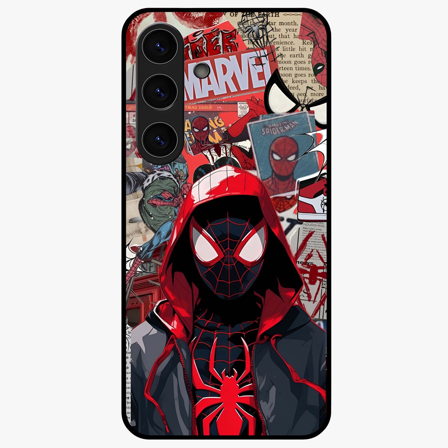 Spider Collage Street Glass Case showing flat back view with vibrant superhero collage artwork and glossy glass finish.