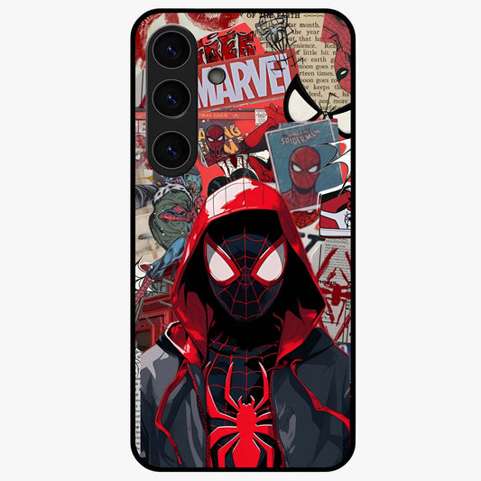 Spider Collage Street Glass Case showing flat back view with vibrant superhero collage artwork and glossy glass finish.