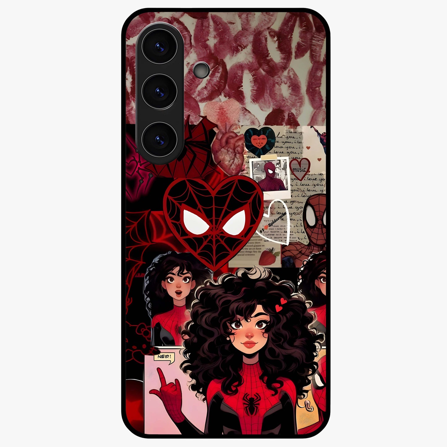 Spider Love Story Glass Case showing flat back view with romantic superhero themed artwork and glossy glass finish.
