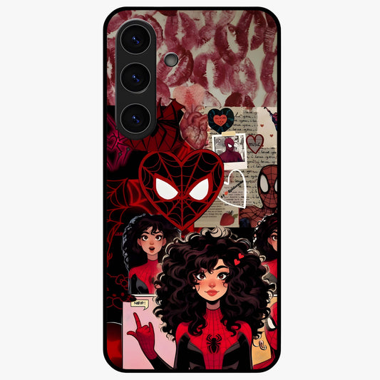 Spider Love Story Glass Case showing flat back view with romantic superhero themed artwork and glossy glass finish.