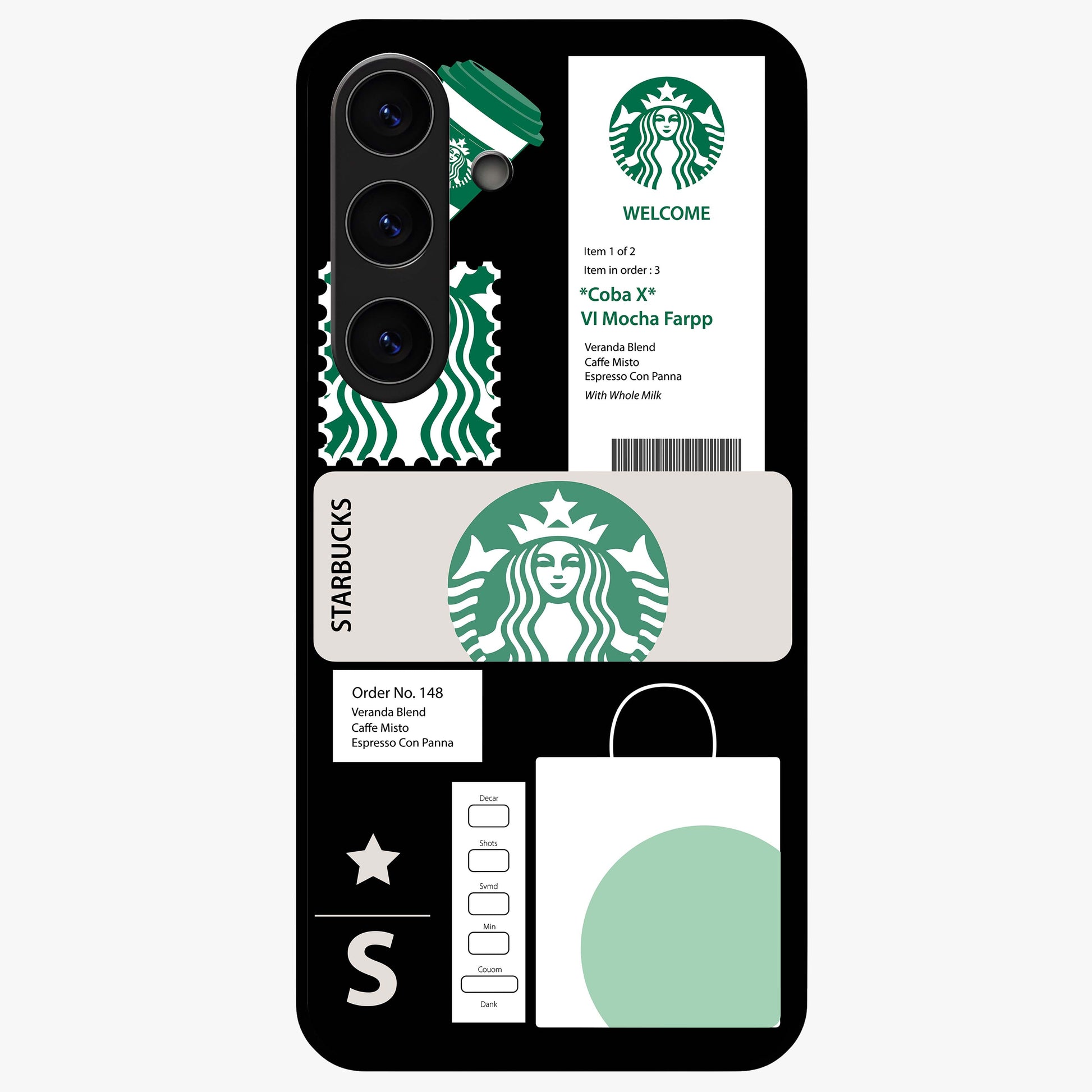 Starbucks Mocha Glass Case showing flat back view with coffee inspired artwork and glossy glass finish.