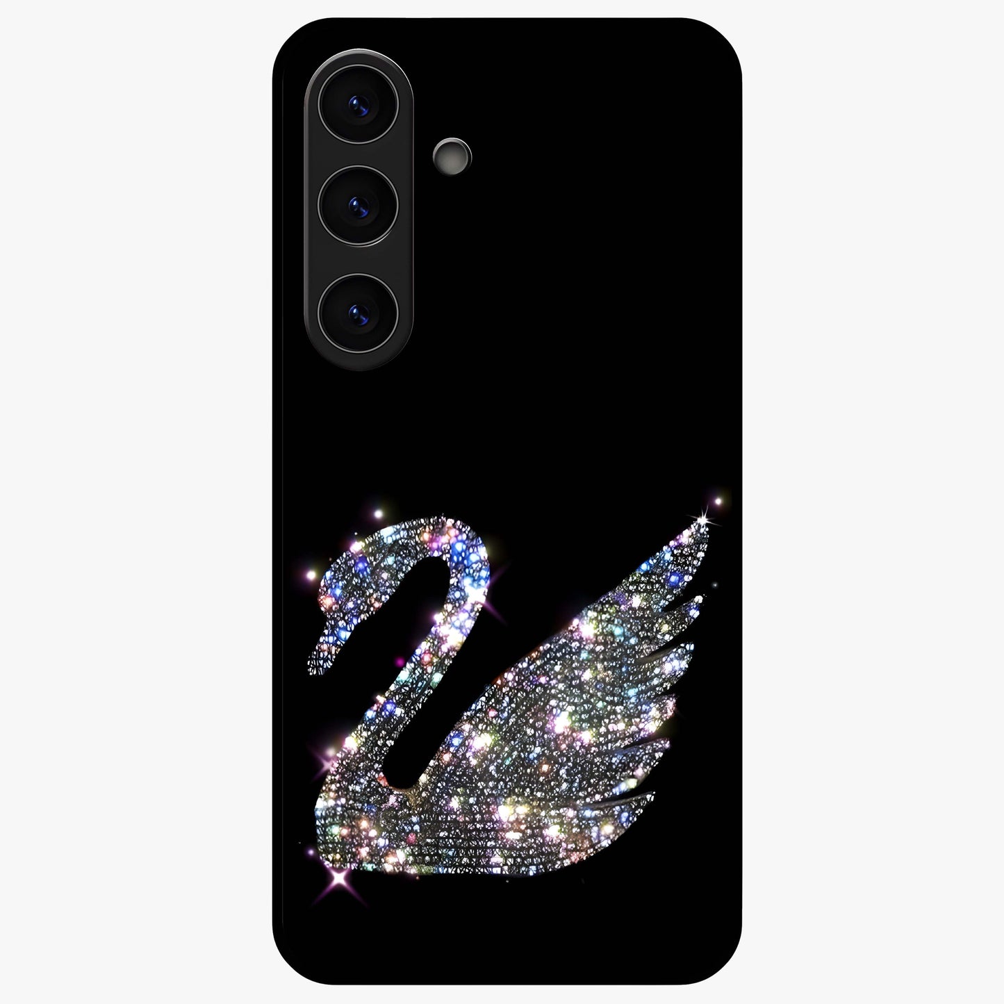 Starlit Swan Grace Glass Case showing flat back view with graceful swan artwork under starry sky and glossy glass finish.
