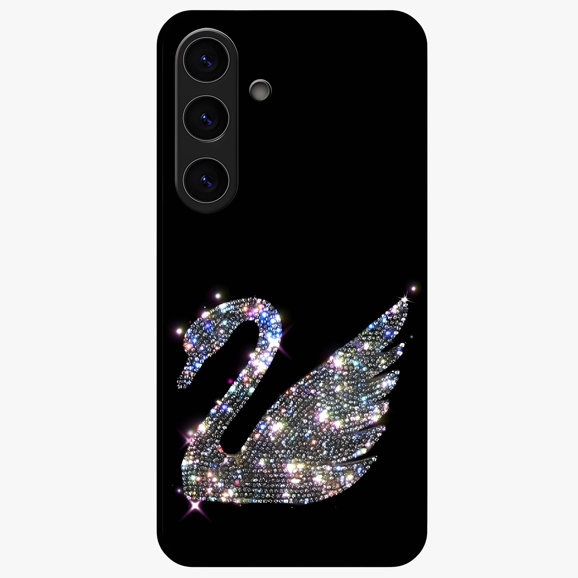 Starlit Swan Grace Glass Case showing flat back view with graceful swan artwork under starry sky and glossy glass finish.